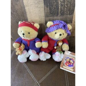 Vintage Hallmark Storybook Friends Hunky & Dorie Plush Bears Bunny Slippers Tag